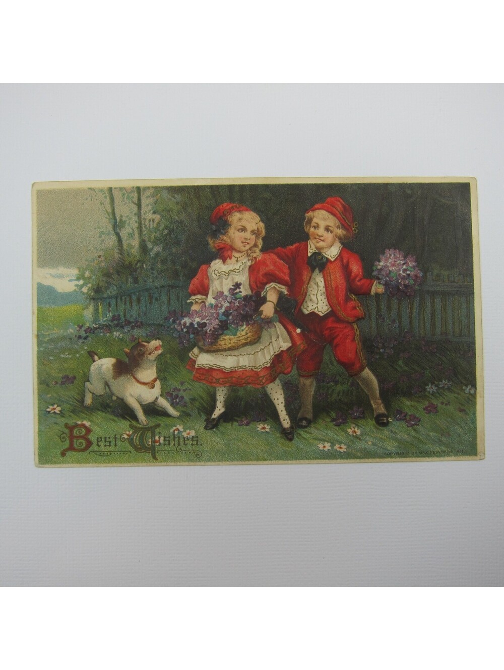 Postcard Best Wishes Boy & Girl Red Dress Purple Flowers Basket Dog Antique 1911